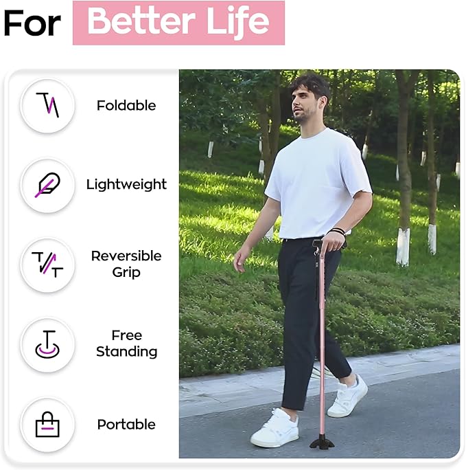 Walking Cane for Women, Extended Grip; Solid Base; Foldable; Adjustable Heights; Lightweight; Free Standing; Portable Canes for Women for Stability (Pink)