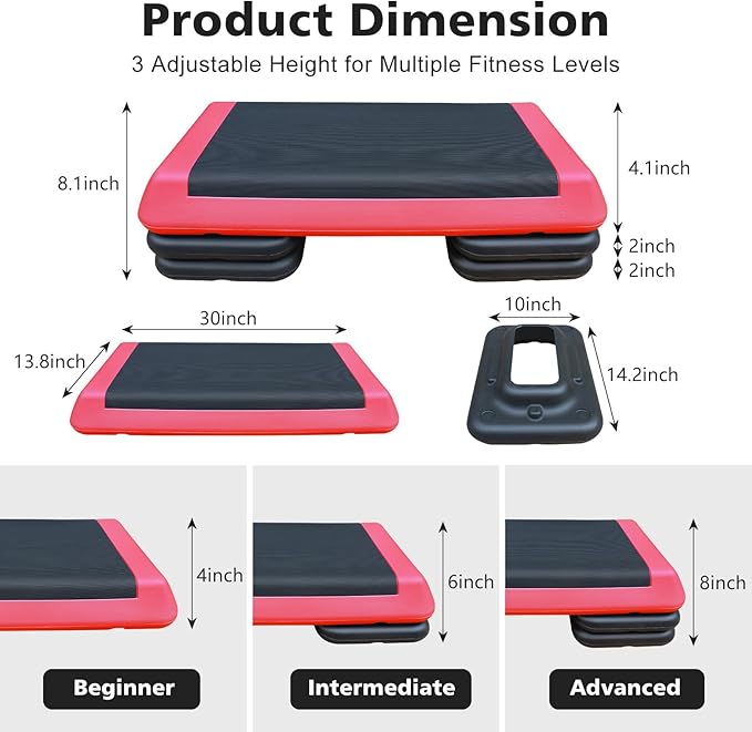 Exercise Aerobic Step Platform,Adjustable Height Fitness Stepper Stackable Risers, Aerobics Stepper Workout Stepper for Gym Home Cardio Strength & Training