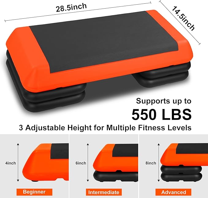 Exercise Workout Aerobic Step Platform Trainer, 28.5" Aerobic Stepper with 4"-6"-8" Adjustable Height Risers