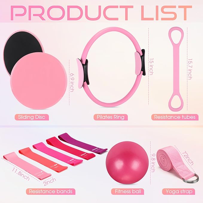 Set of 6 Style Pilates Home Equipment Set Pilates Essential Kit Workout Accessories 14 Magic Circle Mini Exercise Ball Yoga Strap Silicone Tension Strip Tension Band Sliding Plate