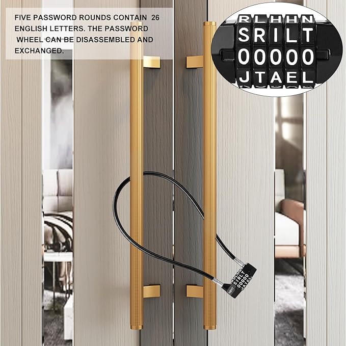 5-Word Resettable Combination Lock, Letter Lock- Home Security Padlock with 8mm Anti-Theft Cable for Garden Gates, Glass Doors, Pool, Refrigerator,Bikes, Gates, Storage (22''(Locking Span 11''))