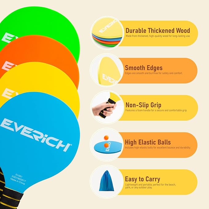 EVERICH TOY Paddle Ball Set, Badminton Set 4 Rackets, Great Gifts Easter Basket Stuffers for Kids Teens Adults and Family, Fun for Beach, Yard, and Lawn Play All Year Round