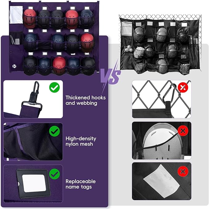 Baseball/Softball Dugout Organizer - 15+ Helmet & Glove Storage Bag, Military-Grade 900D Fabric & 6 Reinforced Steel Hooks