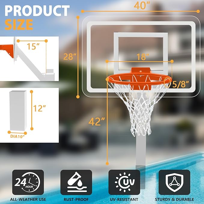 PROGOAL Aluminum Shot and Dunk Poolside Basketball Hoop - In Ground Removable Rust-Resistant Adjustable Height Pool Basketball Game System with Clear Backboard 1/2 Springs Rim and Three Balls