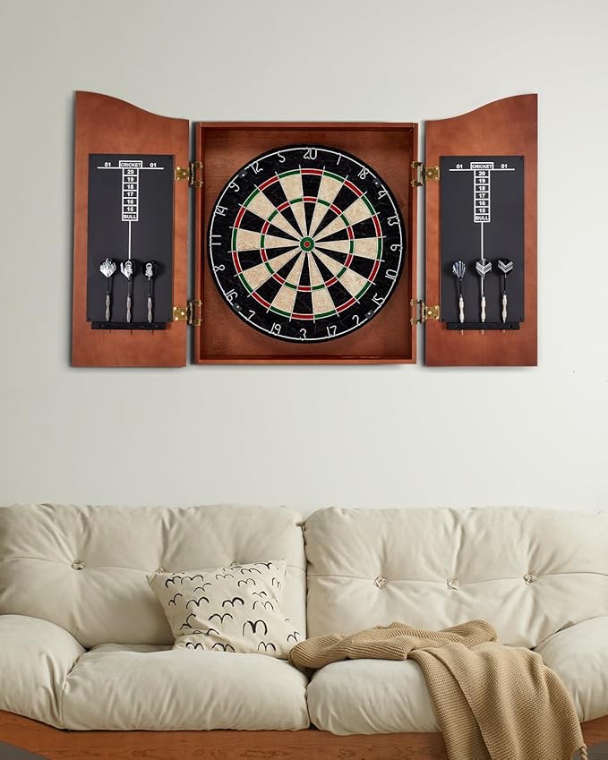 Sisal Dart Board Cabinet Sets, Decorative Dart Boards for Adults [12*Steel Darts] - Wooden Dartboard Cabinet with Integrated Scoreboard for Family Game Rooms