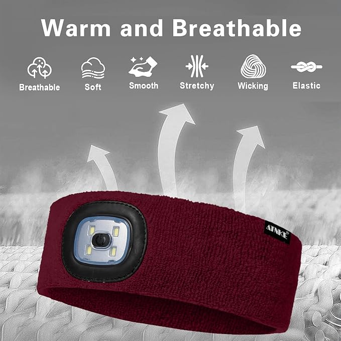 ATNKE 4 LED Lighted Sport Sweatband,USB Rechargeable Running Head Band Lamp High Stretch Wicking Gifts for Men and Women