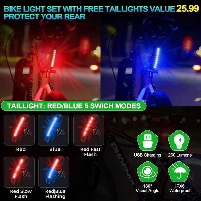 2025 Upgrade Super Bright Rechargeable Bike Lights for Night Riding,6 LED High Lumen 10 Mode Bike Headlight Taillight,360°Rotatable Brackt,Aluminum Front Lights,Runtime 48+ hrs,Shockproof Waterproof