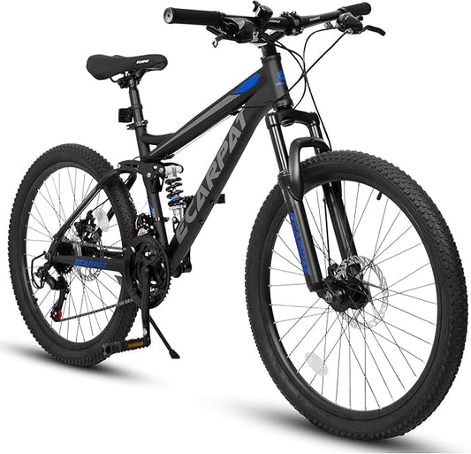 Mountain Bike 24 26 27.5 Inch, Dual Full Suspension Mens Womens Bike, 21 Speeds Dual Disc Brake Carbon Steel Bike, Boys Mens Mountain Bike for School Work Summer Camping, Birthday Gift Choice