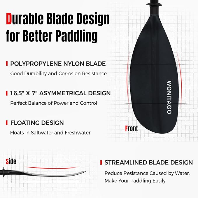 Kayak Paddle with Fiberglass Shaft and Reinforced Nylon Blade, Adjustable Kayaking Oars, 3 Piece, 230-250 cm/90-98 inches, 210-230 cm/82-90 inches