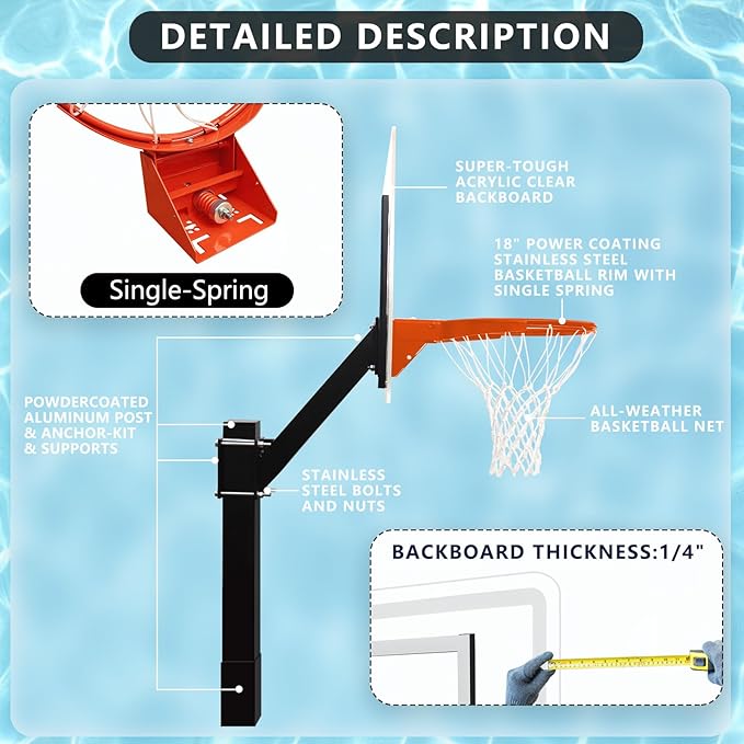 PROGOAL Aluminum Shot and Dunk Poolside Basketball Hoop - In Ground Removable Rust-Resistant Adjustable Height Pool Basketball Game System with Clear Backboard 1/2 Springs Rim and Three Balls