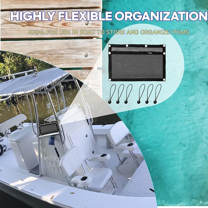 Boat Storage Bag,Polyester Boat Mesh Suspended Storage Bag,Black Boats Storage Mesh Pocket,Boat Seat Storage Bag for Leaning Post with 6 Positioning Elastic Loops. (24" L x 15" W)