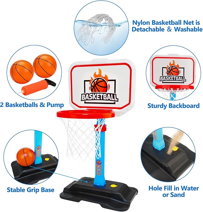 Toddler Basketball Indoor Toys for Age 1-3, Mini Adjustable Kids Basketball Hoops with Ball Pump Outdoor Pool Basketball Goal Sports Outside Play Toys for 1 2 Year Old Baby Boys Girls Birthday Gifts
