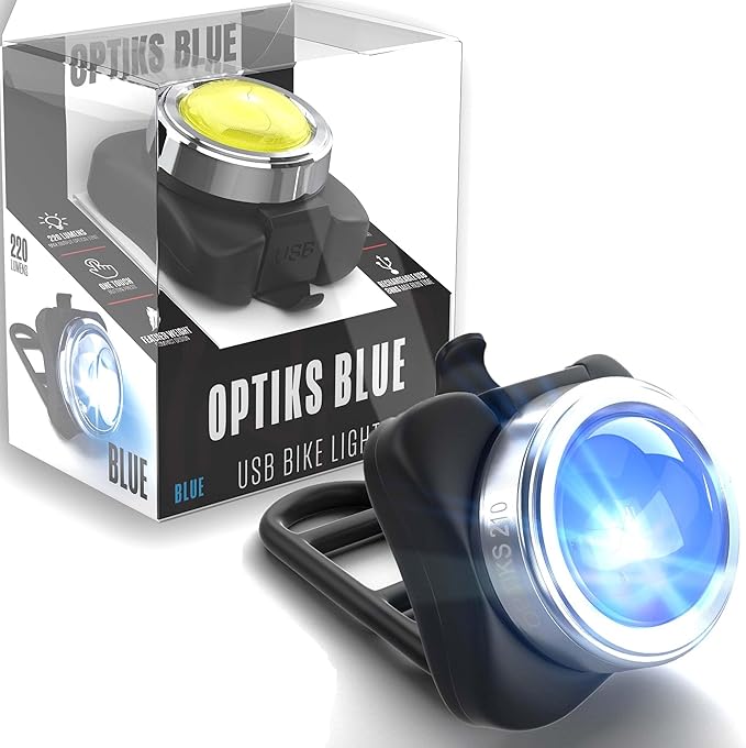 OPTIKS-Blue Rear Bike Light: 220 Lumens - USB Rechargeable -10hr Max - Water Resistant - 5 Modes - Blue LED - or Red SOS - Back Lights for Bicycles Seat Post