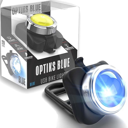 OPTIKS-Blue Rear Bike Light: 220 Lumens - USB Rechargeable -10hr Max - Water Resistant - 5 Modes - Blue LED - or Red SOS - Back Lights for Bicycles Seat Post