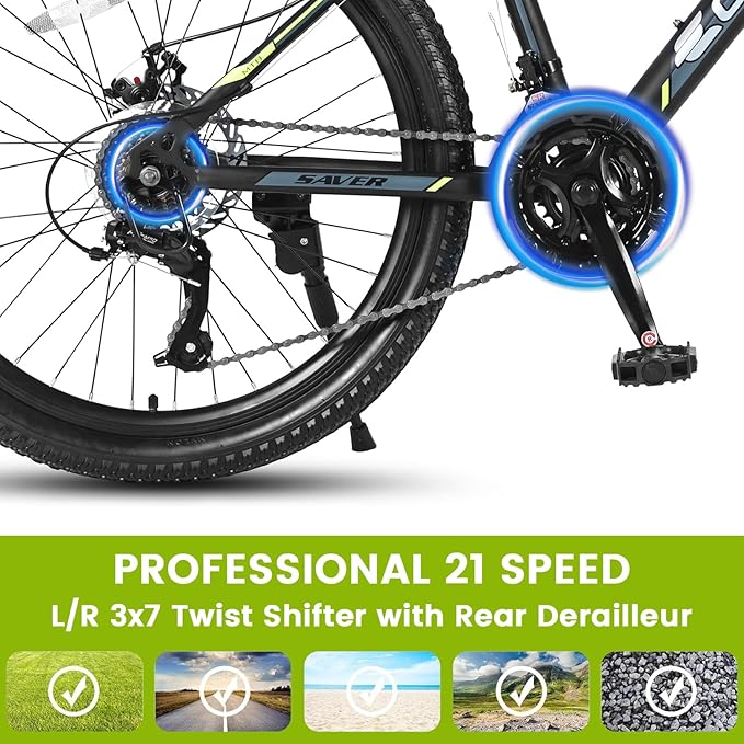 24/26 Inch Mountain Bike, 21 Speed Mountain Bicycle with High Carbon Steel Frame, Dual Disc Brakes and Front Suspension, MTB Bike for Adult Teenagers Boys Girls