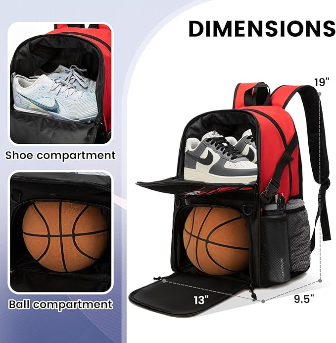 Basketball Bag Backpack with Ball Holder and Shoes Compartment,Best for Basketball, Soccer, Volleyball, Gym. (RED)