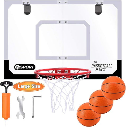 Large Indoor Mini Basketball Hoop Set for Kids and Adult 24 X 16 Inch Board Family Games for Home and Office Door & Wall with 3 Balls and Complete Accessories, Basketball Toy Gift for Boys Girls Teens