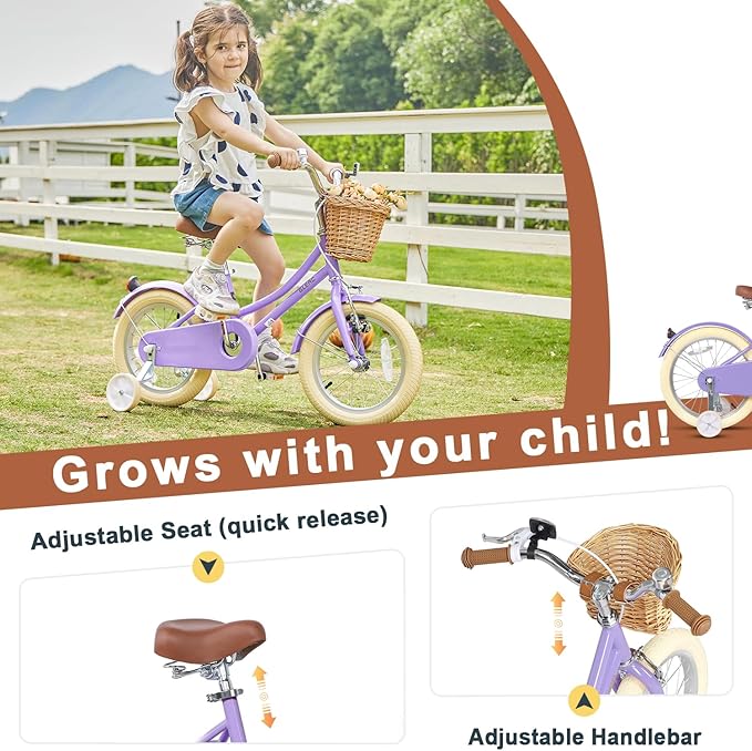 Glerc Little Molly 12-20 Inch Kids Retro Cruiser Bike for 2-13 Year Old with Wicker Basket & Training Wheels/Kickstand, Multiple Colors