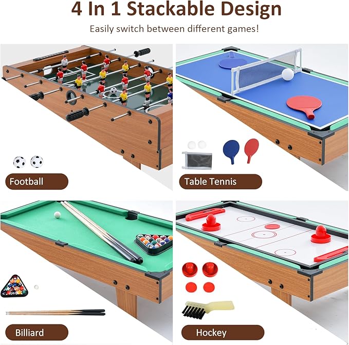 Giantex 4-in-1 Combination Game Table, with Soccer, Hockey, Billiards, Table Tennis, Perfect for Game Room, Family Night, Wood Foosball Game Table Top