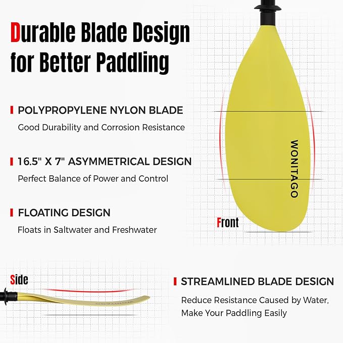 Kayak Paddle with Fiberglass Shaft and Reinforced Nylon Blade, Adjustable Kayaking Oars, 3 Piece, 230-250 cm/90-98 inches, 210-230 cm/82-90 inches