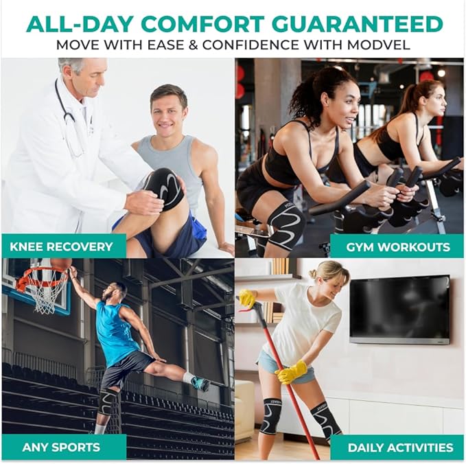 Modvel 2 Pack Knee Brace for Women & Men - Workout Knees Compression Sleeve for Knee Pain Relief Joint Support for ACL, Arthritis, Meniscus Tear Knees Brace for Sports, Rodilleras para Gym Fitness