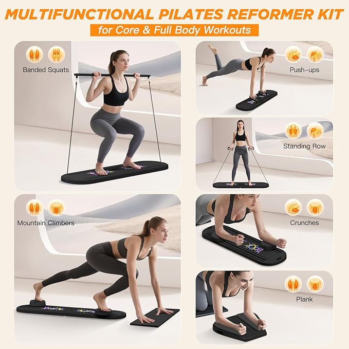 Foldable Pilates Board for Home Workout, 2025 New Pilates Reformer Set with Smart Timer, 7-in-1 Multifunctional Pilates Board Fitness Board, Pilates Reformer Machine Pilates Sliding Board