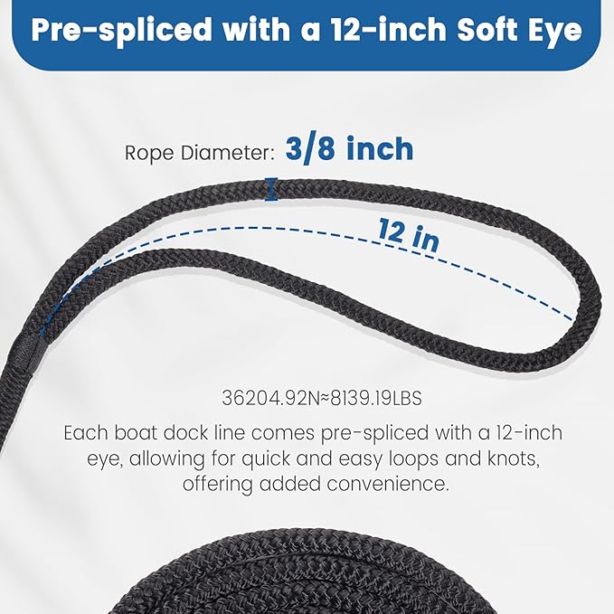 Premium Marine-Grade Dock Lines - 4 Pack 3/8" x 25' Strength-Tested Double Braided Nylon Boat Ropes with 12" Security Loops | Heavy-Duty Docking & Mooring Rope