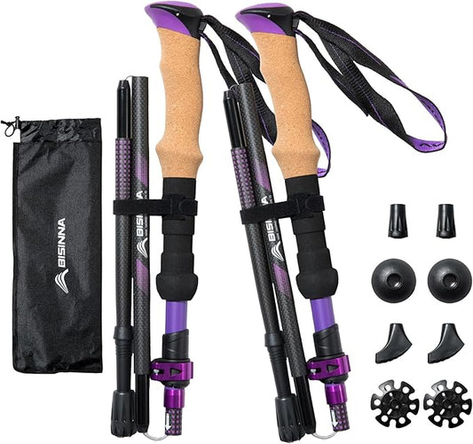 BISINNA Carbon Fiber Trekking Poles Collapsible Hiking Poles Lightweight Walking Sticks with Cork Handle Quick Lock for Women and Men 2pc