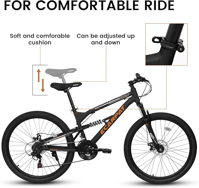 Ecarpat 24/26/27.5 Inch Mountain Bike, Dual/Front Suspension Mens Mountain Bike with 21 Speeds High-Carbon Steel Frame and Disc/V Brakes, Adult Sport Bicycle for Trail Snow Commuter City Road