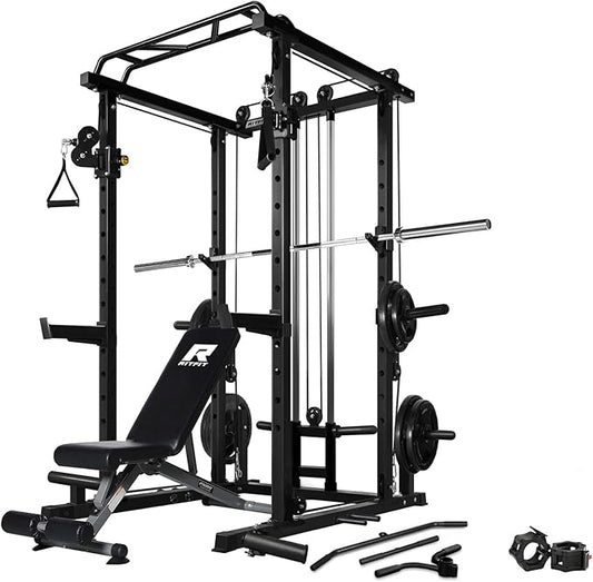 RitFit Multi-Function Squat Rack Power Cage PPC03 with Cable Crossover System, 1000LBS Capacity Power Rack and Packages with Optional Weight Bench, Barbell Weight Set, for Garage Workout & Home Gym