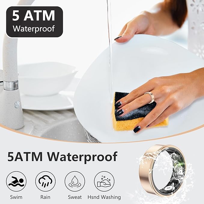 Thin Smart Ring for Fitness & Health Tracking -Heart Rate/Blood Oxygen Monitor, 5ATM Waterproof, Sleep Analysis, Pedometer -No APP Subscription Compatible with Smartphone (Rose Gold, 8)