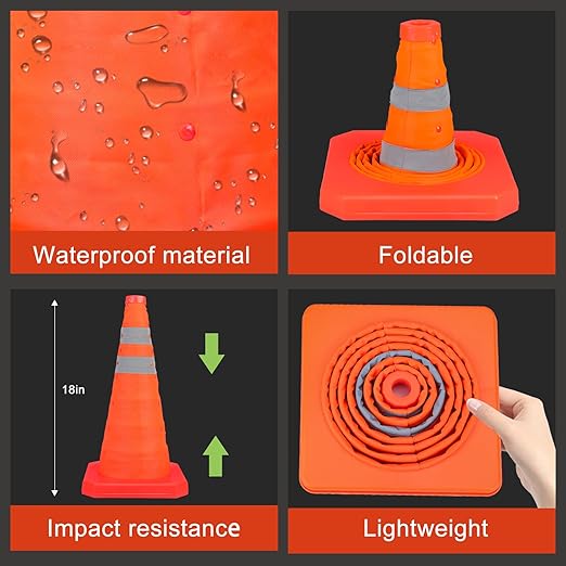 [6 Pack]18 Inch Collapsible Traffic Safety Cones - Parking Cones with Reflective Collars, Orange Safety Cones for Parking lot, Driveway, Driving Training etc