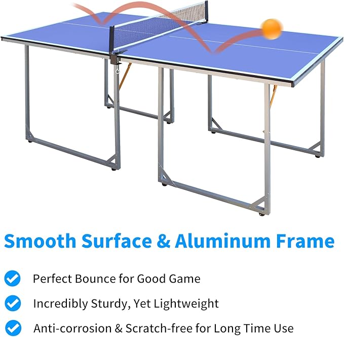 Compact Ping Pong Table, 6ft Mid-Size Indoor/Outdoor Table Tennis Game Set, Foldable, Portable Table Tennis Table with Net, 2 Table Tennis Paddles and 3 Balls