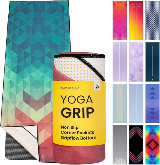 Yoga Drip Yoga Towel - Non Slip Hot Yoga Mat Towel With Corner Pockets, No-Skid Grip, and Built-in Alignment Lines | Soft, Moisture Wicking, and Sweat Absorbent | No Bunching, Stays in Place 72" x 25"