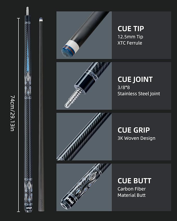 CRICAL Carbon Fiber Pool Cue Stick 58" Billiard Cue Sticks Professional Low Deflection Pool Sticks with 3/8 * 8 Pin Joint and 12.5mm Tip
