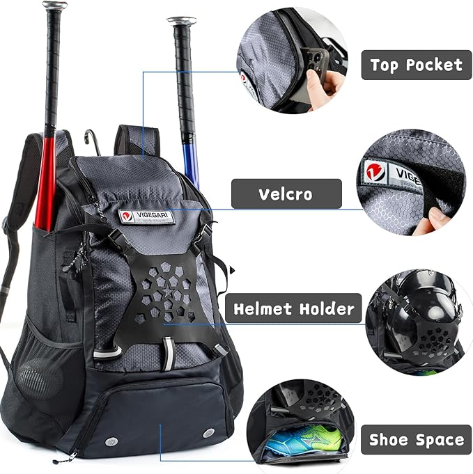 Baseball Backpack for Youth, Boys, Adults - Bat and Softball Equipment Bag With Glove Holder, Helmet, Shoes Compartment - T-Ball Accessories and Baseball Gifts
