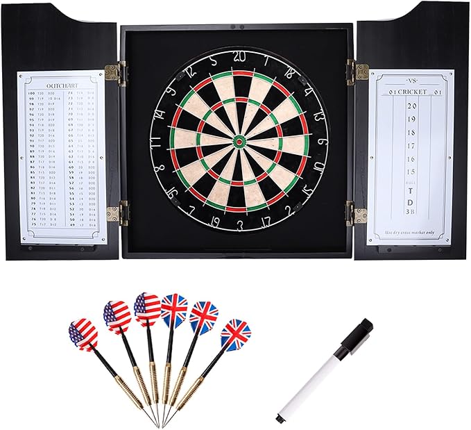 GSE Games & Sports Expert Professional Solid Wood Classic Dartboard Cabinet with Sisal/Bristle Dartboard, Scoreboard, and 6 Steel Tip Darts, Easy Assembly Complete with All Accessories (Black)
