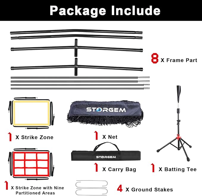Storgem Baseball and Softball Practice Net 7×7ft Portable Hitting Pitching Batting Training Net Baseball Backstop Net with Batting Tee and Strike Zone and Bow Frame