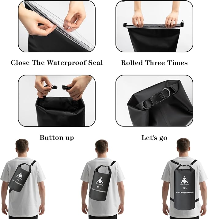 Oak-Sports Dry Bag Waterproof Backpack 5L/10L/20L, Roll Top Lightweight Beach Bag with Double Zipper Seal for Swimming, Kayaking, Hiking, Boating, Adjustable Shoulder Strap