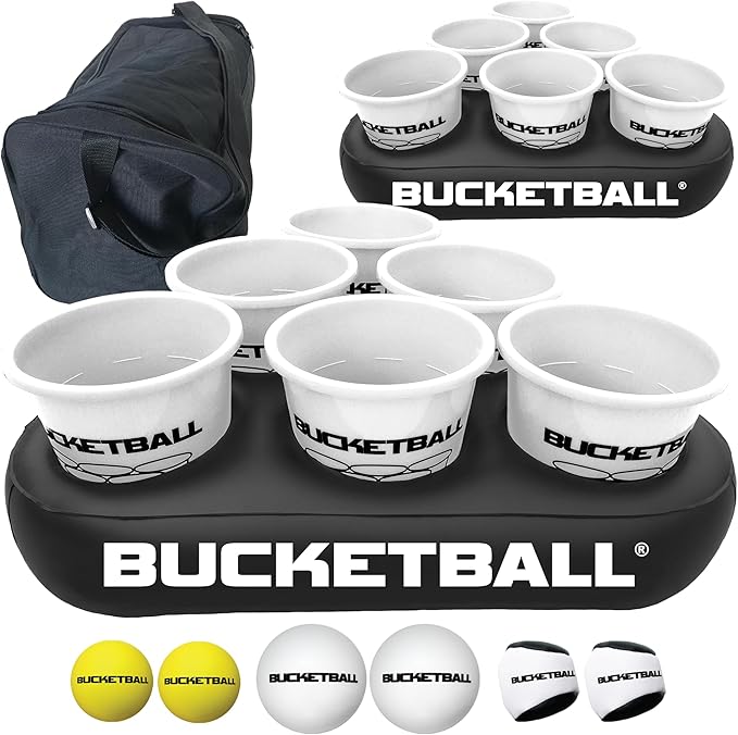 BucketBall | Team Color Edition | Party Pack (White/White): Original Yard Pong Game: Best Camping, Beach, Lawn, Outdoor, Family, Adult, Tailgate, Jumbo, Giant Game