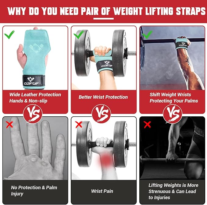 Weight Lifting Wrist Strap, Double Layer Leather Wrist Strap for Deadlift and Powerlifting, Adjustable Neoprene Padded Gym Workout Lifting Hooks (Pair)