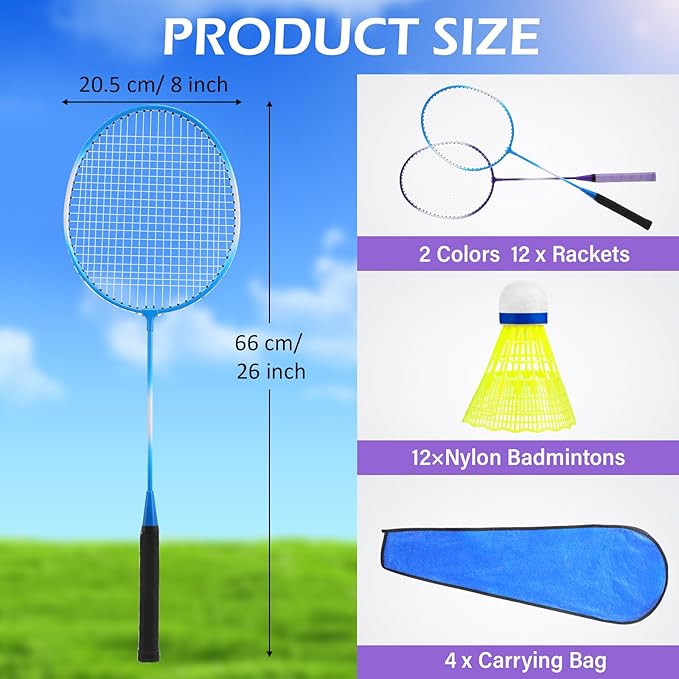 Woanger 8 Pieces Badminton Rackets Set with 12 Badminton and 4 Carrying Bag, Shuttlecocks Lightweight Ball Racquets Equipment Set for Adults and Teenagers