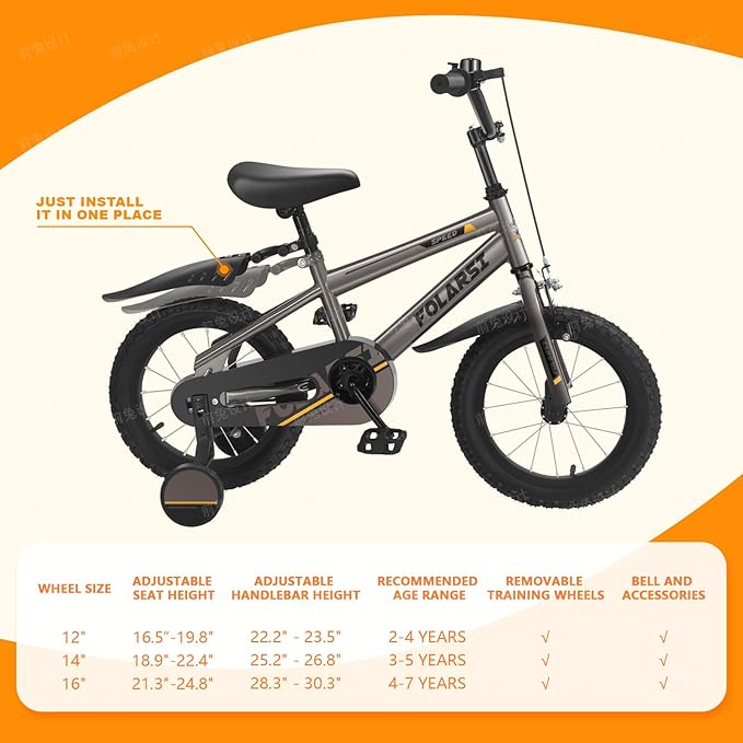 Boys Bike 12 14 16 Inch Kids Bicycle for 2-7 Years, Sporty Children's Mountain Bike with Training Wheels & Dual Brakes, Gray-Black Steel Frame