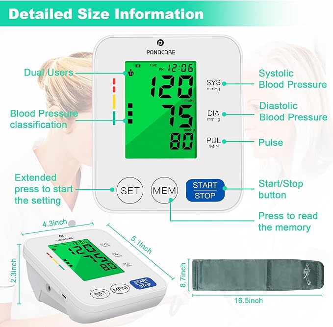 Blood Pressure Monitor Upper Arm Blood Pressure Machine for Home Use BP Cuff Kit, Large 3-Color 3.4'' Display with Backlight,Pulse Rate Detection Meter with Cuff 22-42cm/2×99 Sets Memory (White)