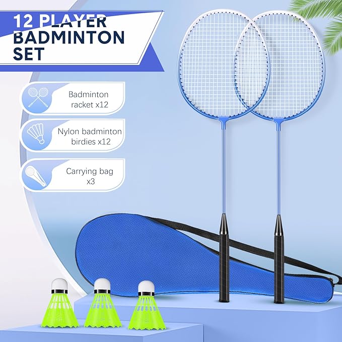 12 Pack Badminton Rackets Set Including Rackets, Nylon Shuttlecocks and Carry Bag for Outdoor Backyard Games Beginners