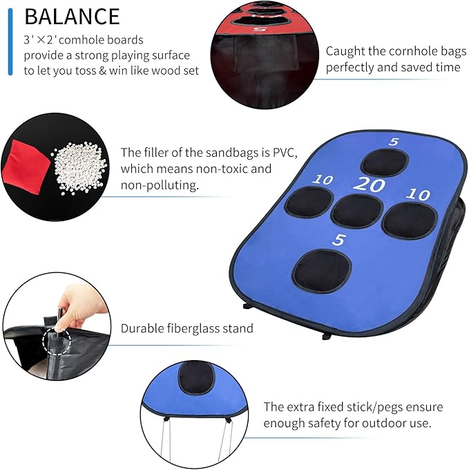 Portable Cornhole Set PVC Framed Corn Holes Outdoor Game Set with 2 Cornhole Boards, 8 Cornhole Bean Bags and Carrying Case, Camping Games Indoor Outdoor for Kids and Adults, Travel Camping Accessory