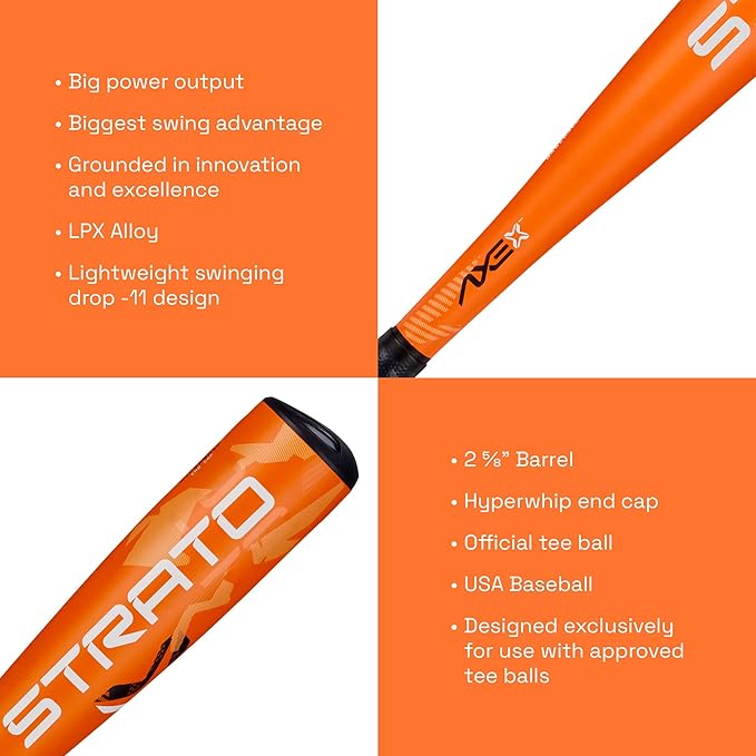 Axe | Strato | USA Tee Ball Baseball Bat | Drop -11 | 1-Piece Alloy | 2-5/8" Barrel | Orange/Navy