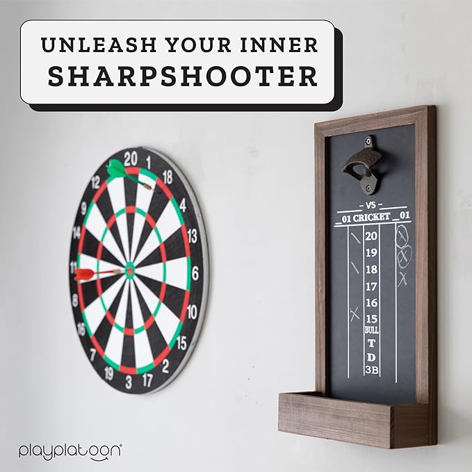 Play Platoon Dart Scoreboard & Darts Holder Wall Mount with Bottle Opener - Wood Score Board, Professional Darts Accessories, Dart Holder