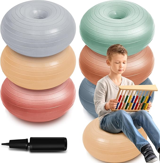 Lewtemi 6 Pcs Flexible Seating for Classroom Elementary 20 Inch Yoga Ball Chairs Large Inflatable Donut Exercise Ball Chair Stability Balance Trainer with Inflator for Kids Student(Boho Color)