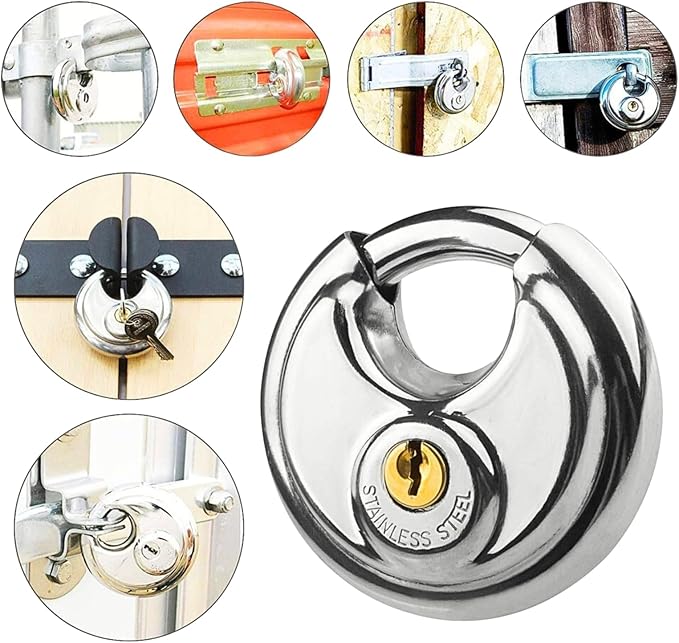 70MM Discus Padlock with Same 3 Brass Keys,304 Stainless Steel Disc Lock with Brass Gallows to Prevent Rusting,Thick Sturdy Hook to Prevent Picking.1 Pack-XZJYYF